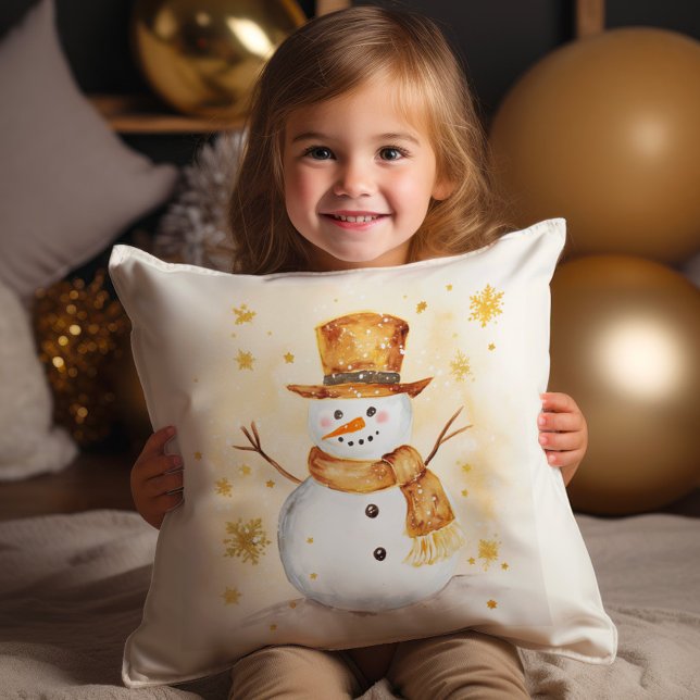 Snowman Winter Snow Gold White Kissen (Gold and white snowman Christmas pillow)