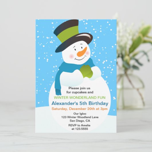 Snowman Winter Wonderland Boy Birthday Einladung (Stehend Vorderseite)