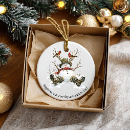 Snowman with Cardinals Keramik Ornament