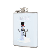 Snowman with hat and scarf. I Love Snow Flachmann (Links)