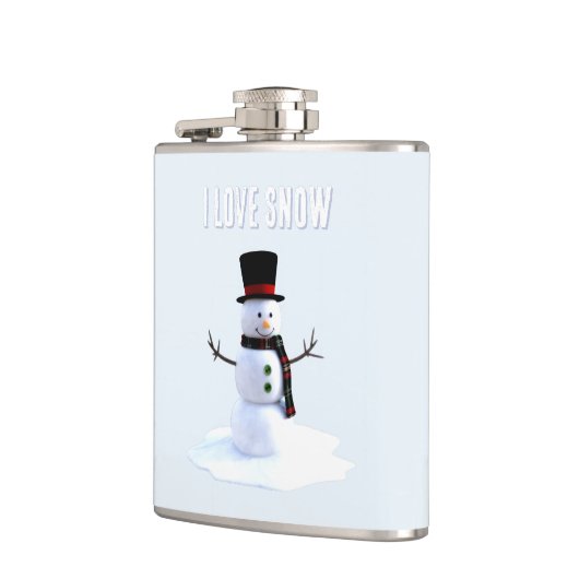 Snowman with hat and scarf. I Love Snow Flachmann (Links)