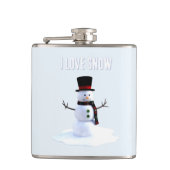 Snowman with hat and scarf. I Love Snow Flachmann (Vorderseite)