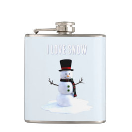 Snowman with hat and scarf. I Love Snow Flachmann