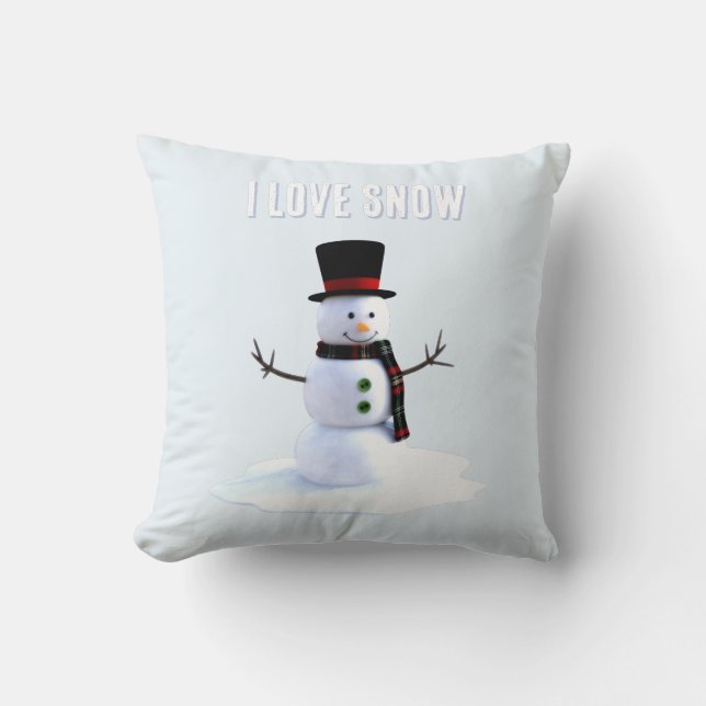 Snowman with hat and scarf. I Love Snow Kissen (Vorderseite)