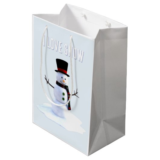 Snowman with hat and scarf. I Love Snow Mittlere Geschenktüte (Rückseite Schrägansicht)