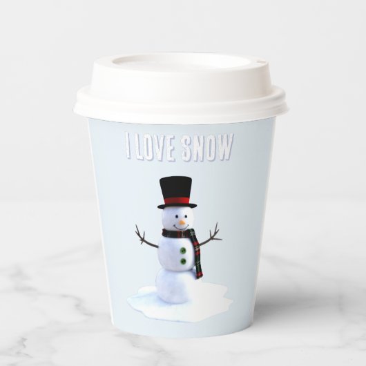 Snowman with hat and scarf. I Love Snow Pappbecher (Vorderseite)