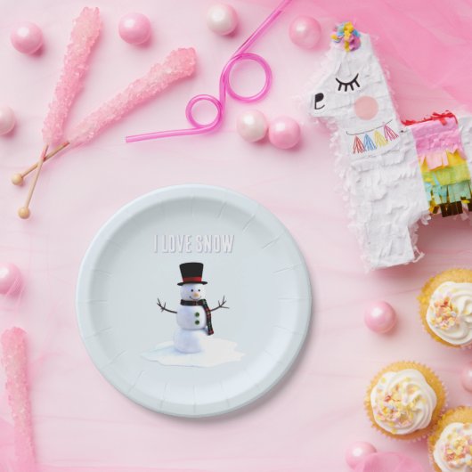 Snowman with hat and scarf. I Love Snow Pappteller (Party)