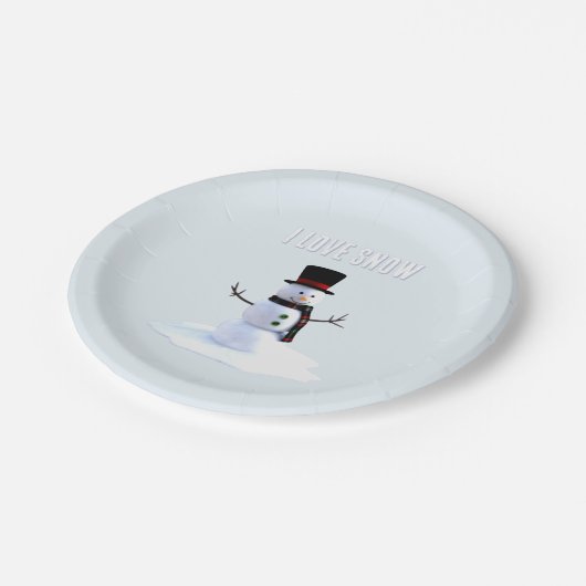 Snowman with hat and scarf. I Love Snow Pappteller (Schrägansicht)