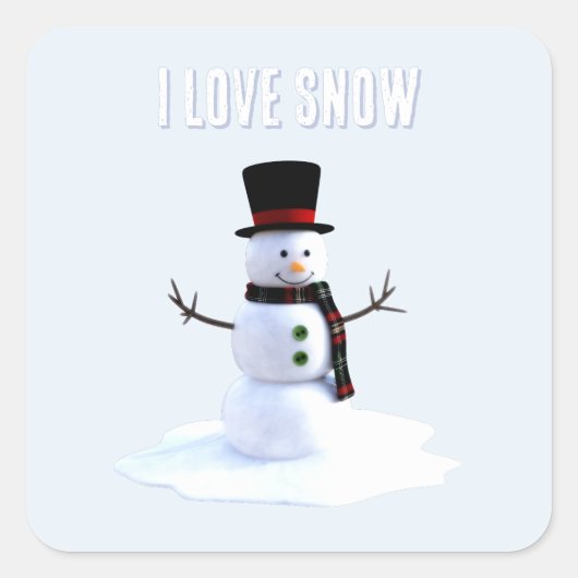 Snowman with hat and scarf. I Love Snow Quadratischer Aufkleber (Vorderseite)