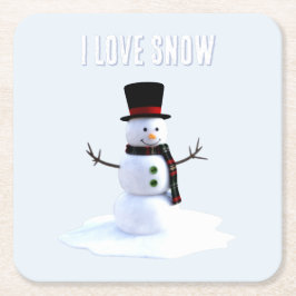 Snowman with hat and scarf. I Love Snow Rechteckiger Pappuntersetzer