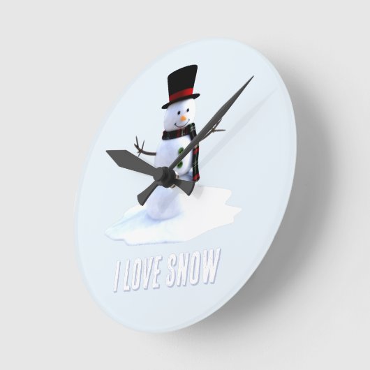 Snowman with hat and scarf. I Love Snow Runde Wanduhr (Winkel)
