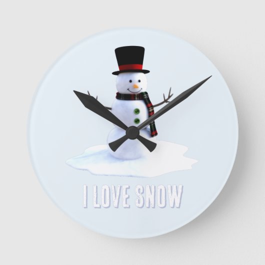 Snowman with hat and scarf. I Love Snow Runde Wanduhr (Vorderseite)