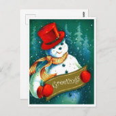 Snowman with red huder hat, holiday greetings postkarte (Vorne/Hinten)
