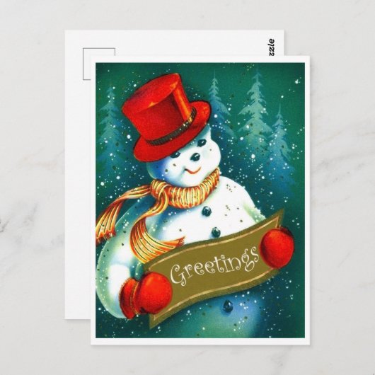 Snowman with red huder hat, holiday greetings postkarte (Vorne/Hinten)