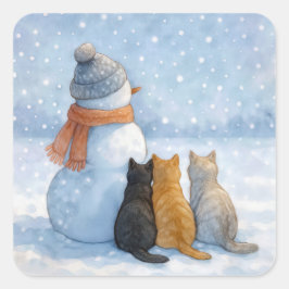 Snowman With Three Cats In a Snowy Field Quadratischer Aufkleber