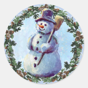 SNOWMAN & WREATH 2 von SHARON SHARPE Runder Aufkleber