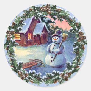 SNOWMAN & WREATH von SHARON SHARPE Runder Aufkleber