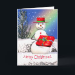 Snowmans Weihnachtsgeschenk Feiertagskarte<br><div class="desc">Eine Weihnachtsgrüßkarte mit meinem Originalbild eines lächelnden Schneemanns,  der am Weihnachtsfeiertag ein Weihnachtsgeschenk hält.</div>