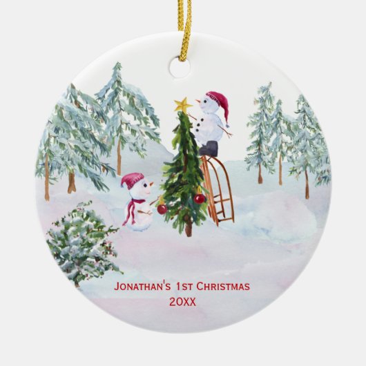 Snowmen Baby's 1. Weihnachtsfest Foto Keramik Ornament (Vorne)