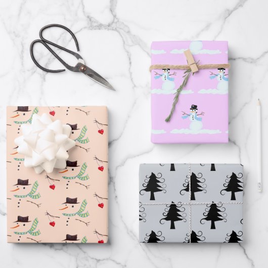 Snowmen Bäume Unkonventionelle Weihnachtsfarben Geschenkpapier Set (Vorderseite)