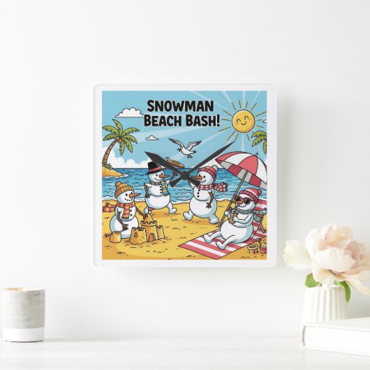 Snowmen Beach Bash Quadratische Wanduhr (Zuhause)
