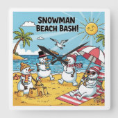 Snowmen Beach Bash Quadratische Wanduhr (Vorderseite)