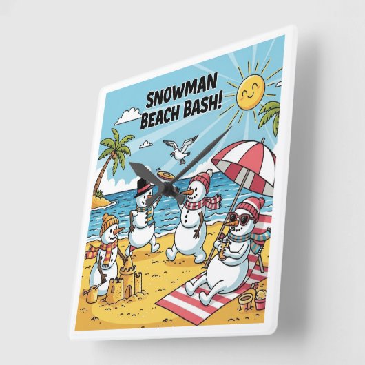 Snowmen Beach Bash Quadratische Wanduhr (Winkel)