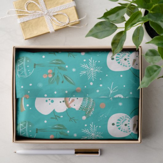 Snowmen Berries Snowflakes Grüne Weihnachten Seidenpapier (Geschenk)
