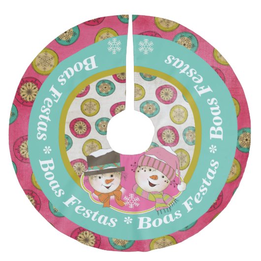 Snowmen Boas Festas Holiday Tree Skirt Polyester Weihnachtsbaumdecke (Vorderseite)