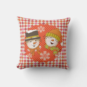 Snowmen Couple Dots und Raute Holiday Pillow Kissen