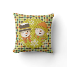 Snowmen Couple Dots und Raute Holiday Pillow