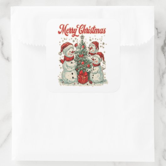 Snowmen Decorating Christmas Tree Quadratischer Aufkleber (Tasche)