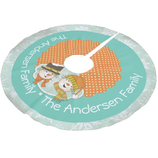 Snowmen Dots and Snowflakes Holiday Tree Skirt Polyester Weihnachtsbaumdecke (Schrägansicht)
