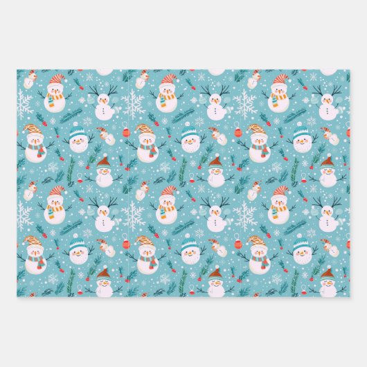 Snowmen Grün und Schneeflocken Weihnachten Geschenkpapier Set (Vorderseite 2)
