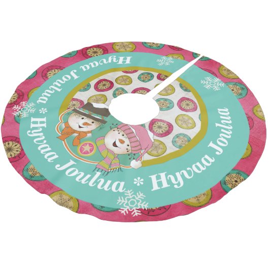 Snowmen Hyvaa Joulua Holiday Tree Skirt Polyester Weihnachtsbaumdecke (Schrägansicht)
