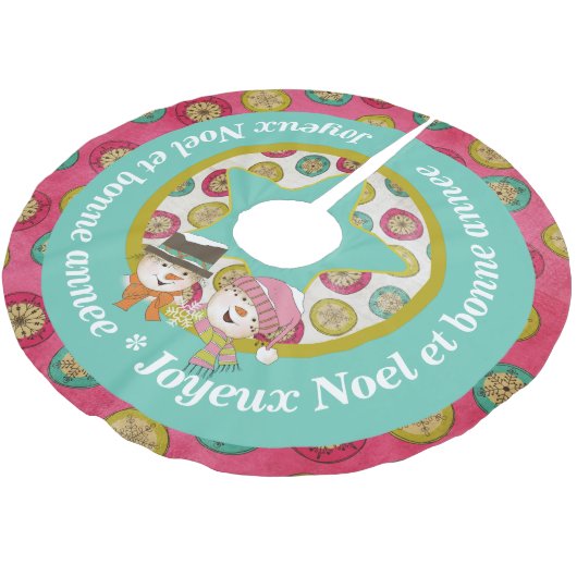 Snowmen Joyeux Weihnachten 2 Holiday Tree Skirt Polyester Weihnachtsbaumdecke (Schrägansicht)