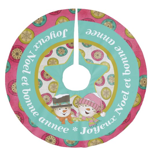 Snowmen Joyeux Weihnachten 2 Holiday Tree Skirt Polyester Weihnachtsbaumdecke (Vorderseite)