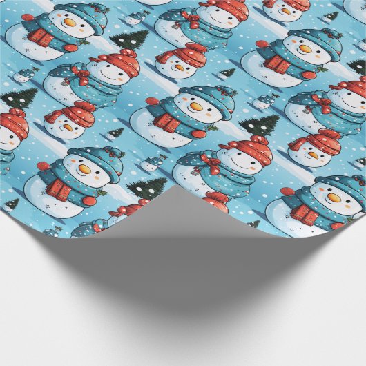 Snowmen Pine Trees Snow Blue Weihnachten Geschenkpapier (Ecke)