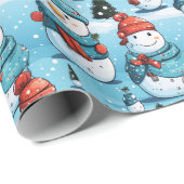 Snowmen Pine Trees Snow Blue Weihnachten Geschenkpapier (Rolleneckpunkt)