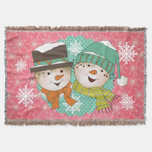 Snowmen Pink und Blue Holiday Throw Decke (Vorderseite)