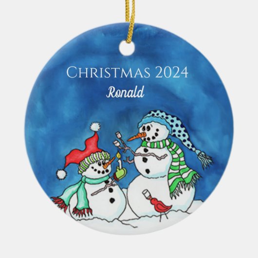 Snowmen Roasting Marshmellows Personalisierte Name Keramik Ornament (Vorne)