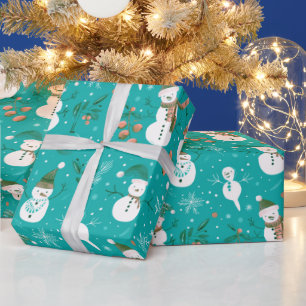 Snowmen Schneeflocken Holly Verlasst Grüne Weihnac Geschenkpapier