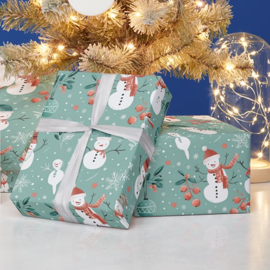 Snowmen Schneeflocken Holly Verlasst Grüne Weihnac Geschenkpapier (Feiertage)