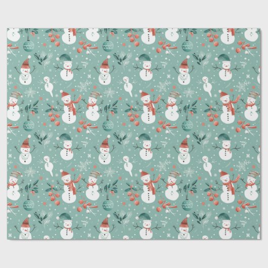 Snowmen Schneeflocken Holly Verlasst Grüne Weihnac Geschenkpapier (Flach)