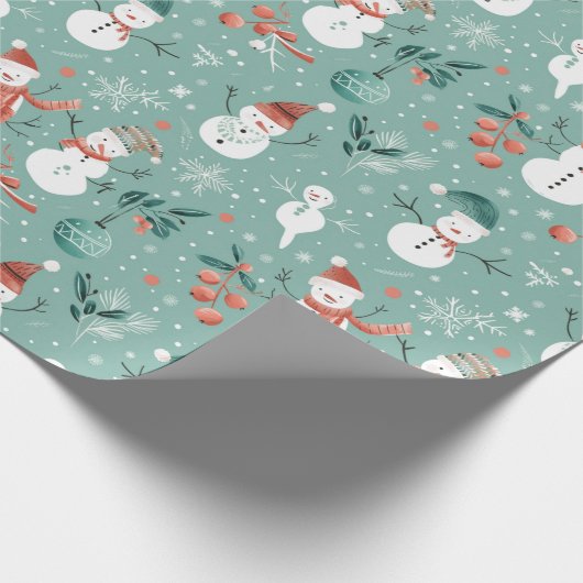 Snowmen Schneeflocken Holly Verlasst Grüne Weihnac Geschenkpapier (Ecke)