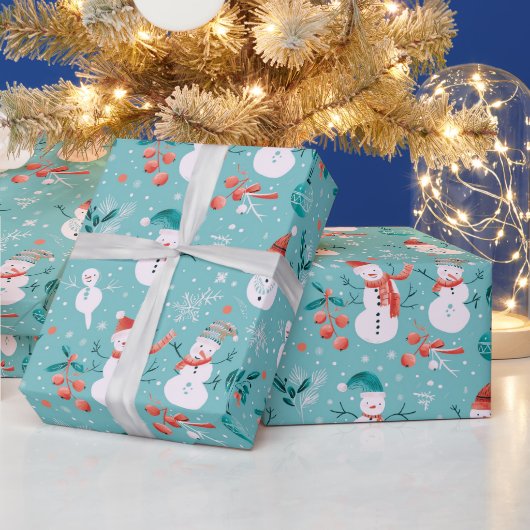 Snowmen Schneeflocken Holly Verlasst Grüne Weihnac Geschenkpapier (Feiertage)