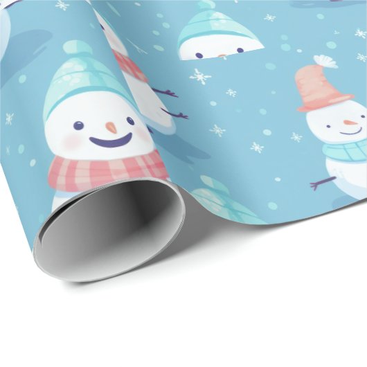 Snowmen Snowflakes Blue Modern Weihnachten Geschenkpapier (Rolleneckpunkt)