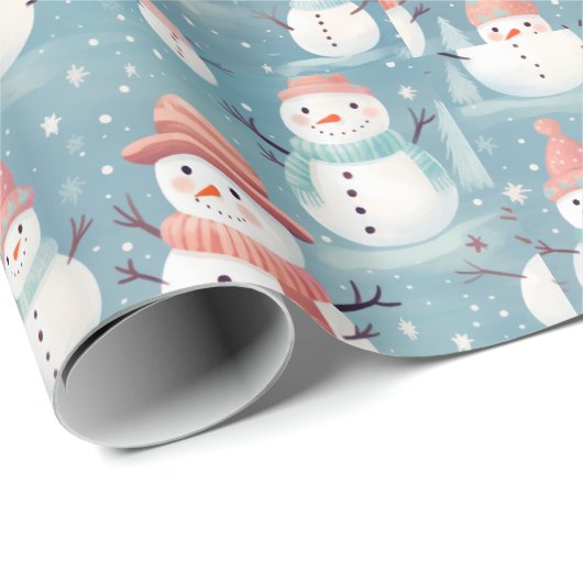 Snowmen Snowflakes Blue Modern Weihnachten Geschenkpapier (Rolleneckpunkt)