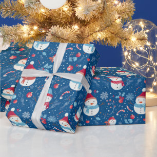 Snowmen Snowflakes Candy Canes Blauer Weihnachten Geschenkpapier