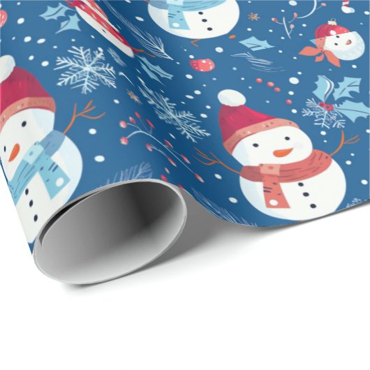 Snowmen Snowflakes Candy Canes Blauer Weihnachten Geschenkpapier (Rolleneckpunkt)